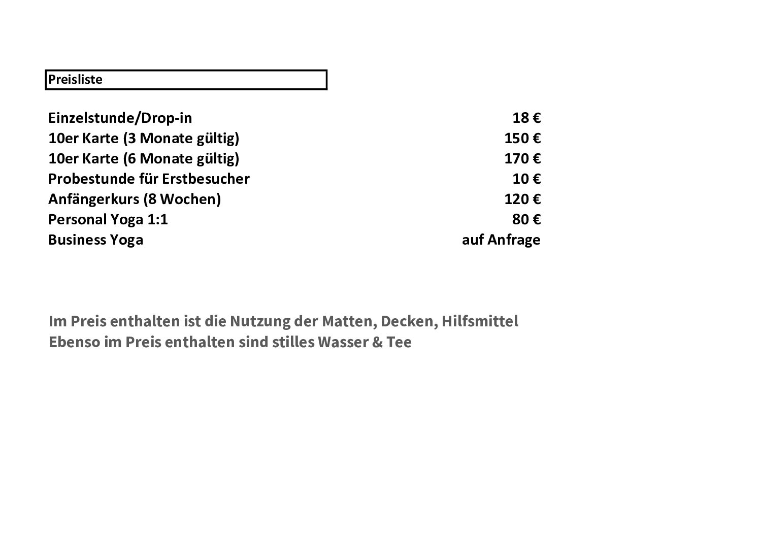Preisliste Yoga